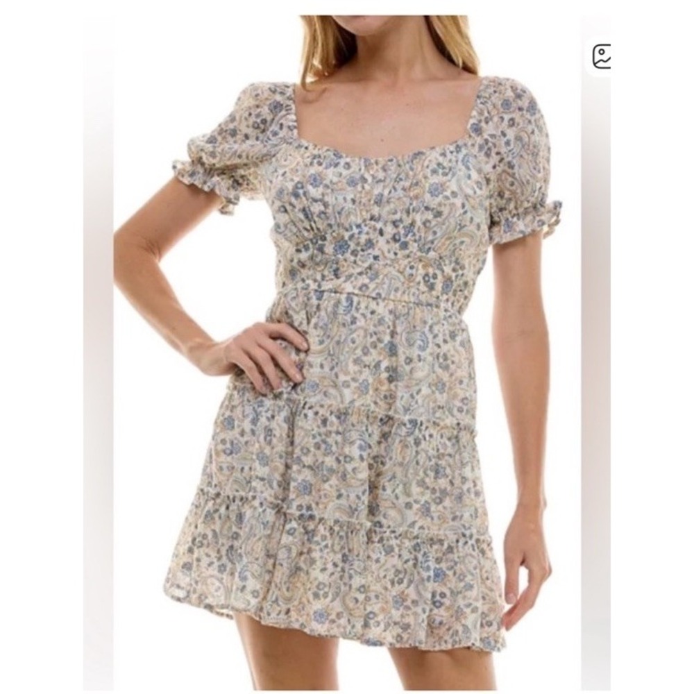 Trixxi Womens Paisley Floral Mini Dress Blue Tan Square Neck Puff Sleeve Small